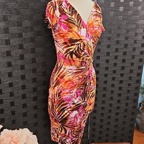 Cache Tropical Print Faux Wrap Tulip Hem Dress Size Small - Picture 5 of 15